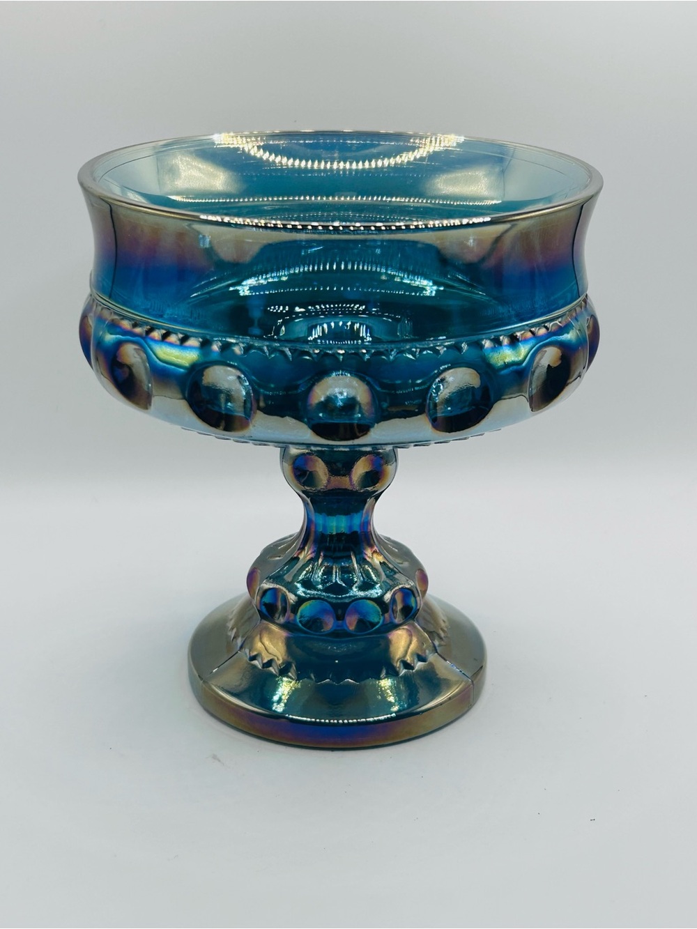 Vintage Indiana Glass Blue Carnival Glass King’s Crown Pedestal Compote